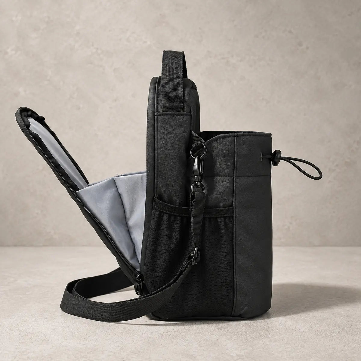 AI-assisted studio image of the open compartment and included strap