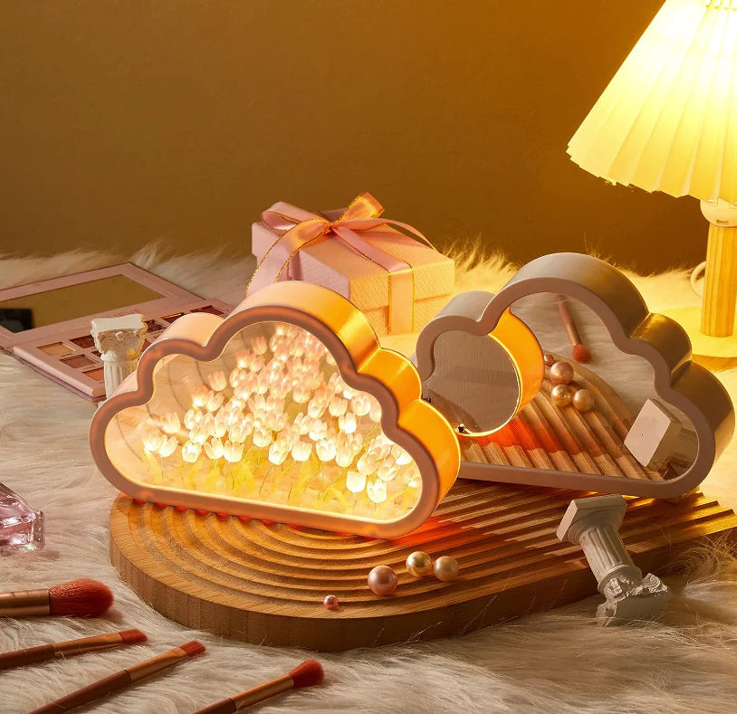 Amora Infinite Petal Mirror glowing in a warm room setting
