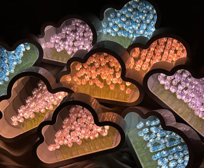 Pink, purple, blue, and colourful illuminated tulip mirror options
