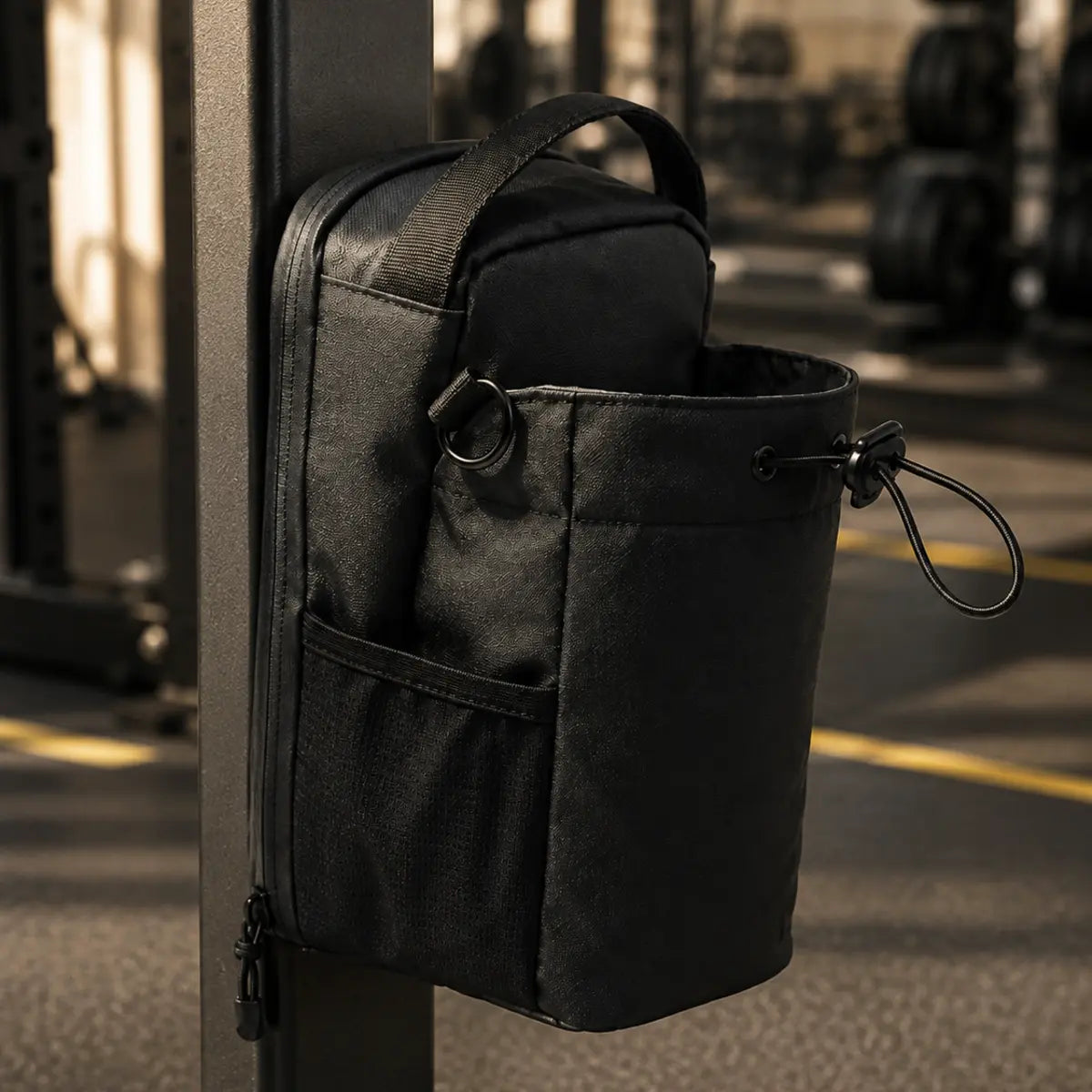 AI-assisted gym scene with the bag against compatible steel equipment